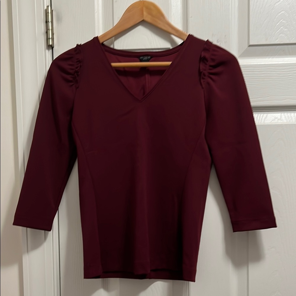 Ann Taylor Burgundy 3/4 Ruffle Sleeve Top